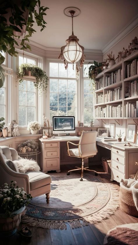 Sunroom Library Ideas, Luxurious Sunroom, Fairytale Office, Cozy Office Aesthetic, Office Room Aesthetic, Cottage Style Office, Library Office Room Ideas, Dream Office Home, Study Room Aesthetic