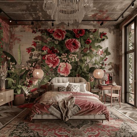 Floral Maximalist Bedroom Retreat Inspiration Asian Aesthetic Bedroom, Flower Themed Bedroom, Bedroom Maximalist, Botanical Bedroom, Maximalist Bedroom, Floral Mural, Floral Bedroom, Maximalist Style, Cozy Bedrooms