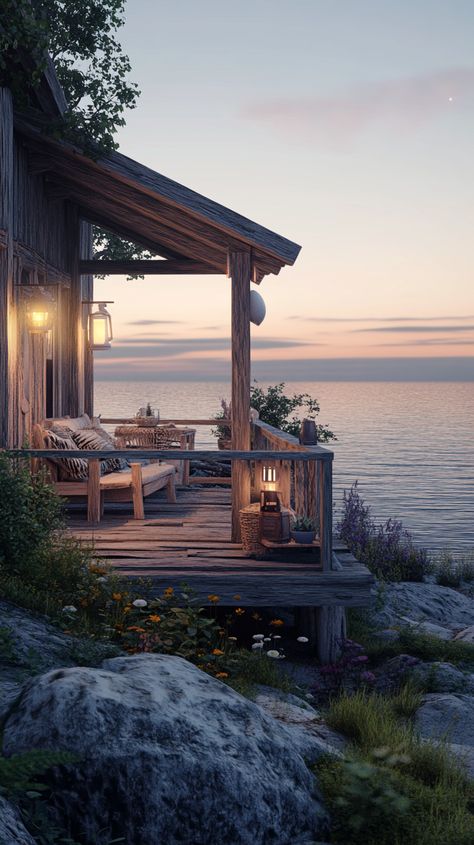 Description: A charming seaside cottage with a deck facing the ocean. Beachside Cottage Aesthetic, Seaside Cottage Aesthetic, Sea Side Cottage, Ocean Cottage, Cozy Beach Cottage, Seaside Cottages, Sea Cottage, Rustic Beach House, Coastal Cabin