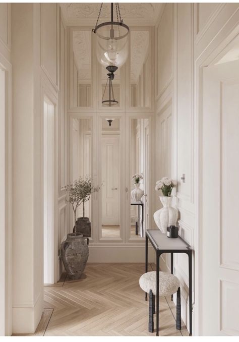 Parisian Apartment Entryway, Paris Hallway, Parisian Hallway, Neo Classical Interior Design, Morocco House, Staircase Molding, Parisian Doors, White French Doors, Hallway Interior