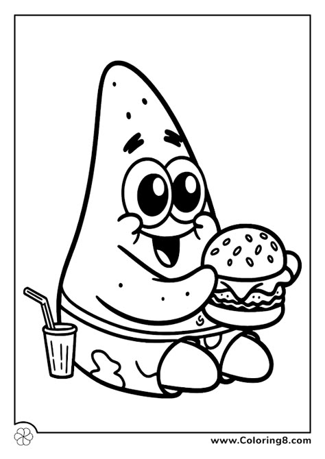 Cute patrick eating a burger Star Coloring Pages Free Printable, Patrick Coloring Pages, Goofy Coloring Pages, Coloring Crafts For Kids, Coloring Pages Spongebob, Patrick From Spongebob, Cute Patrick, Goofy Personality, Spongebob Coloring Pages