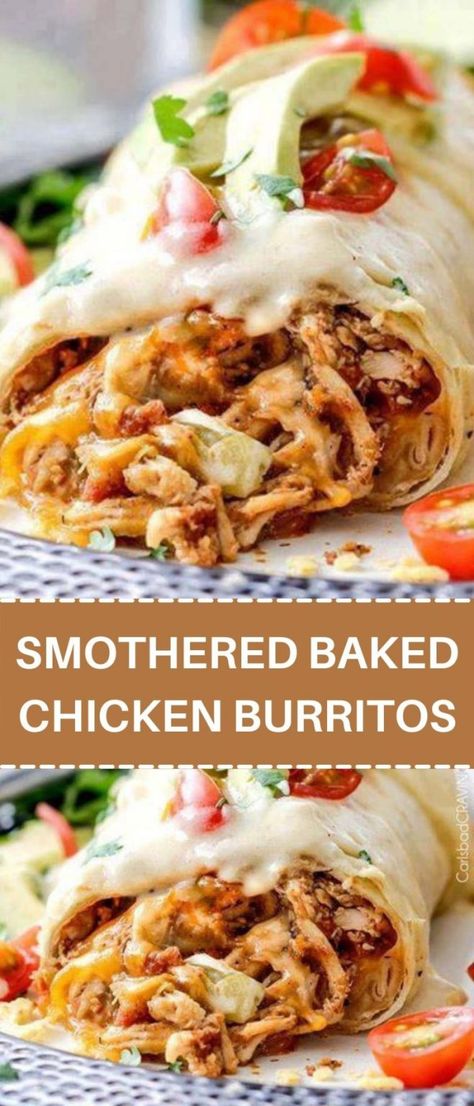 SMOTHERED BAKED CHICKEN BURRITOS Smothered Chicken Burritos, Baked Chicken Burritos, Smothered Baked Chicken, Burrito Recipe Chicken, Slow Cooker Mexican Chicken, Smothered Chicken, Burritos Recipe, Chicken Burritos, Food Recipes Easy