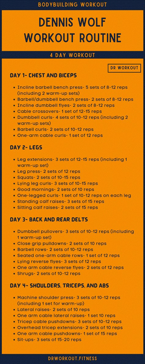 Dennis Wolf’s Workout Routine Wolf Body Type Workout, Upper Lower Workout, Wolf Workout, 4 Day Split Workout, Dennis Wolf, Split Workout Routine, Body Type Workout, Workout Charts, Split Workout