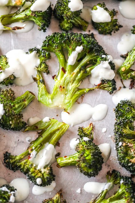 Spicy Roasted Broccoli with Lemony Goat Cheese Drizzle Broccoli Goat Cheese, Broccoli Crowns, Not Hungry, Sides Recipes, Things To Cook, Roasted Broccoli, Milk Recipes, Side Recipes, Veggie Sides