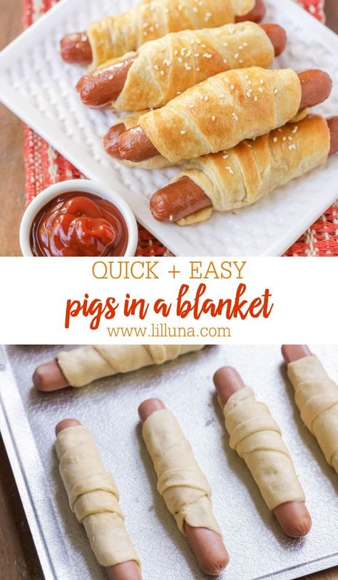 Kids and adults alike will love these quick and simple pigs in a blanket. This nostalgic recipe is on the table in 20 minutes! #pigsinablanket #homemadepigsinablanket #wrappedhotdogs #snacks #lunchidea Piggies In A Blanket, Hot Dog Crescent Rolls, Pigs In A Blanket Recipe, Wrapped Hot Dogs, Corn Dog Muffins, Bbq Pig, Appetizer Sandwiches, Appetizers Easy Finger Food, Crescent Roll Recipes