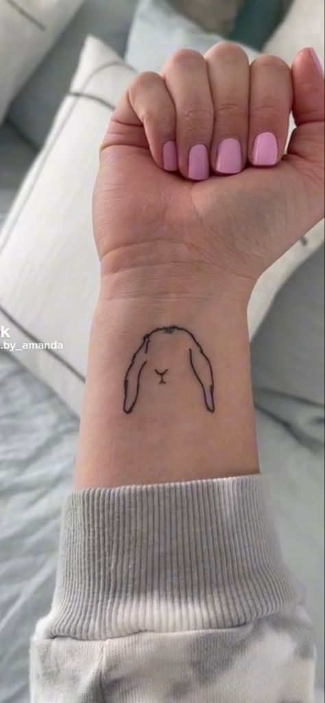 Simplistic Bunny Tattoo, Love Bunny Tattoo, Line Work Bunny Tattoo, Pet Rabbit Tattoo Ideas, Bunny Ear Outline Tattoo, Floppy Eared Bunny Tattoo, Bunny Tattoo Memorial, Outline Bunny Tattoo, Bunny Simple Tattoo