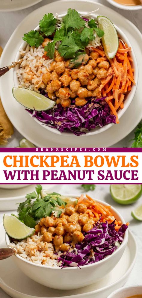 This easy meal for lunch is great to make ahead! With plenty of vegetables and a peanut sauce on top, these vegan chickpea bowls are not only colorful and vibrant but also satisfying. This garbanzo bean recipe is also a family-friendly dinner! Thai Peanut Chickpea Bowl, Bean Bowls Healthy, Nutrient Meals, Bean Dinner, Chickpea Bowls, Easy Bean Recipes, Chickpea Rice, Beautiful Salads, Veggie Protein