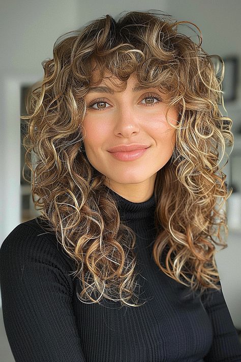 The Best Curly Hairstyles & Haircuts of 2024 Curly Shag Before And After, Heavy Bangs Curly Hair, Long Curly Layers With Bangs, 2c Hair With Bangs, Rezo Cut Curly Hair Short, Long Curly Cut With Layers, Curly Shag Haircut Long, Curly Haircut Bangs, Layered Curly Haircuts With Bangs