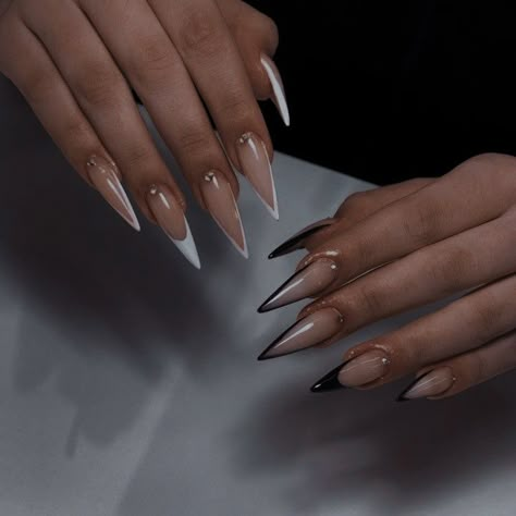 French Stiletto Nails, Money Nails Designs, Pointy Nail Designs, White Stiletto Nails, Old Money Nails, Acrylic Nails Stiletto, Stilleto Nails Designs, Money Nails, Black Stiletto Nails