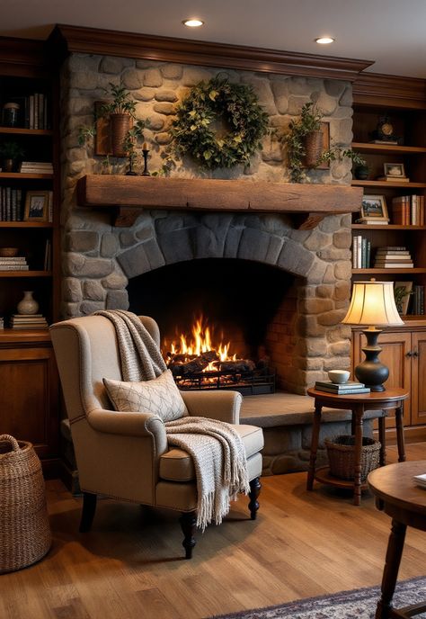 Rustic Living Room Living Rooms With Fireplace Ideas, Fireplace And Chairs, Small Living Room Design With Fireplace, Rustic Fireplaces Farmhouse Style Wood, Chairs By Fireplace Ideas, Center Room Fireplace, Rustic Electric Fireplace Ideas With Tv, Cozy Stone Fireplace, Rustic Fireplace Decor Ideas