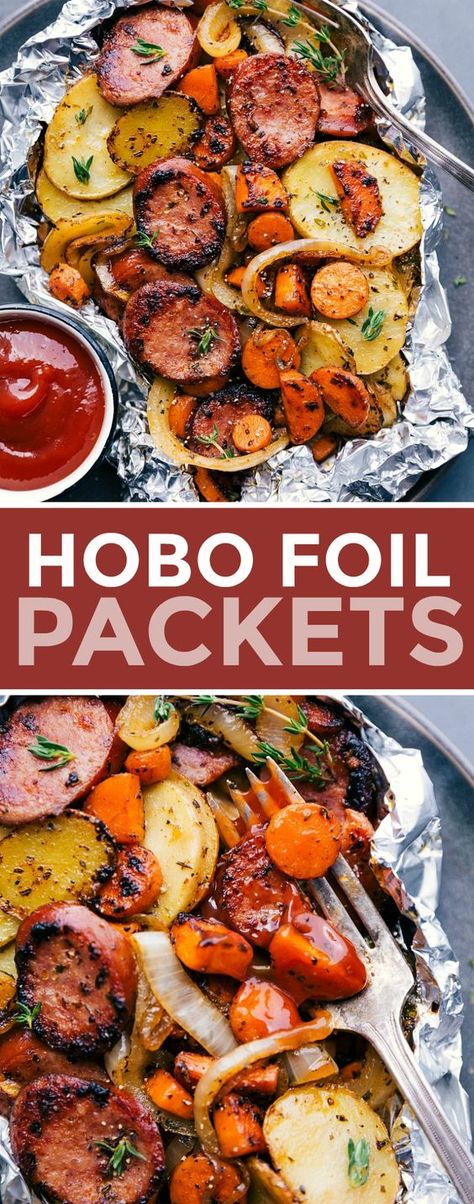 Hobo Foil Packets, Camping Recipes Dinner, Campfire Dinners, Foil Meals, Foil Pack Dinners, Foil Packet Dinners, Foil Pack Meals, Camping Foods, Foil Dinners