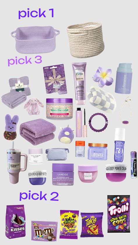 #purplegiftbasket Purple Gift Bags Ideas, Purple Aesthetic Gift Basket, Gift Baskets Themes, Purple Items For Gift Basket, Burr Basket For Mum, Periwinkle Gift Basket, Purple Burr Basket Ideas, Purple Boo Basket, Color Coded Gift Baskets Ideas