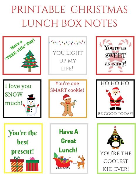 Christmas Lunch Box Notes - Leah With Love Lunch Box Notes For Kids Kindergarten, Christmas Lunch Notes, Thanksgiving Lunch Box Notes, Christmas Lunch Box Notes, Halloween Lunch Box Notes, Lunchbox Printables, Lunch Box Notes For Kids, Lunchbox Notes For Kids, Halloween Lunch Box