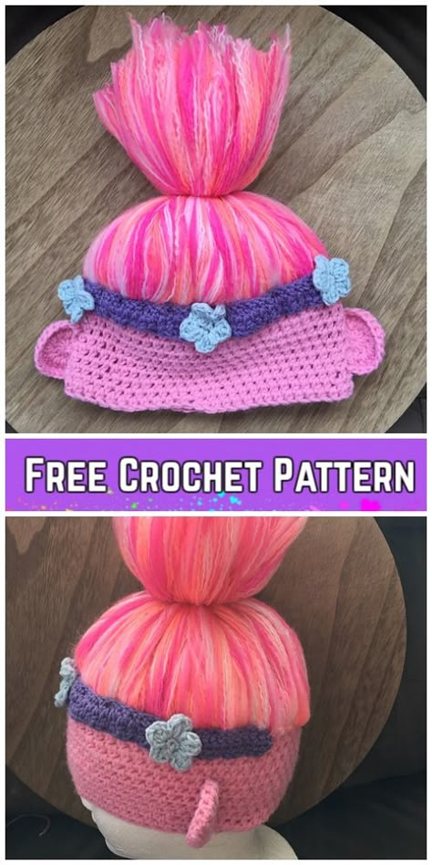 Crochet Trolls Hat Free Crochet Pattern Crochet Troll Hat, Crochet Animal Hat, Hat Free Crochet Pattern, Hats For Winter, Crochet Baby Cap, Crochet Character Hats, Crochet Poppy, Crochet Puff Flower, Crochet Kids Hats