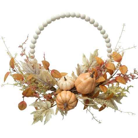 Wood Bead Pumpkin, Beaded Wreaths, Boho Wreaths, Bead Pumpkin, Pumpkin Fall Wreath, Decoupage Pumpkins, Floral Arrangement Ideas, Cheap Fall Decor, Front Door Interior