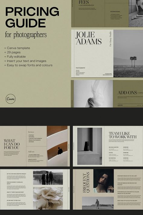 Pricing Guide Photography | Canva - Siteoutsite Pricing Page Design, Pricing Guide Design, Photographers Price List, Website Aesthetic, Pricing Guide Photography, Guideline Template, Guide Design, Brand Guidelines Template, Portrait Editorial