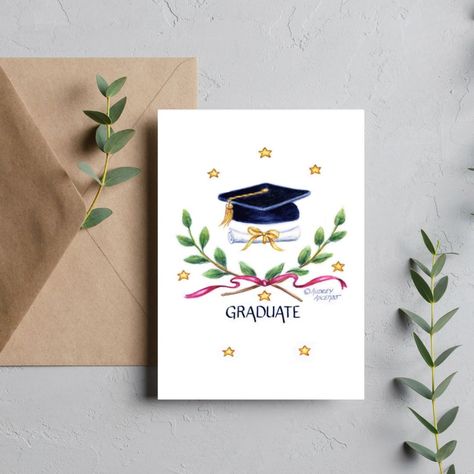 Congratulate the this great occasion to the graduate for a job well done! Sophisticated victory emblem just about says it all for a great accomplishment. Front: Graduate Inside Verse:Congratulations on your graduation for a job well done! Best wishes and happiness on all your new and exciting endeavors. Original watercolor artwork by Audrey Ascenzo.❤️ Watercolor Graduation Cards, Graduation Painting, Grad Card Ideas, Graduation Watercolor, Notecard Ideas, Watercolor Graduation, Idea For School, Instagram Features, Graduation Cards Handmade