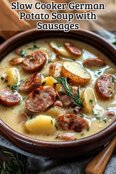 Delicious Slow Cooker German Potato Soup with Sausages Recipe! German Chili Recipe, German Sausage Soup Recipes, Brat Soup Slow Cooker, Slow Cooker German Potato Soup, Soup With Bratwurst, Bratwurst Soup Crockpot, German Sausage And Potato Soup, German Meals Easy, Potatoes And Sausage Soup