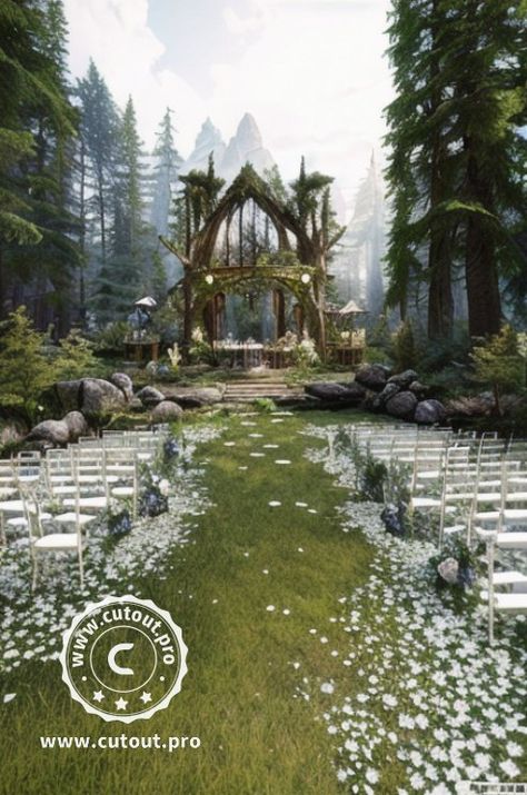 Fairy Garden Ideas Enchanted Forest Outdoor Weddings, Elvish Wedding Decor, High Fantasy Wedding Theme, Elven Wedding Aesthetic, Indoor Fantasy Wedding, Runescape Wedding, Rivendell Wedding Theme, Outdoor Fantasy Wedding, Elvish Wedding Theme