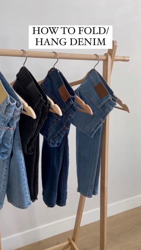 How to hang/fold your denim or a beautiful, organized, aesthetic look. Makes it easy to see what you have without tearing apart a folded stack + it give a high end feel to your closet! Ways To Display Jeans In A Boutique, How To Fold Denim Jeans, Hang Jeans On Hanger, Hanging Jeans On Hanger, Pant Hanging Ideas, How To Hang Trousers, How To Hang Up Jeans, Best Way To Hang Jeans, Jeans Folding Ideas