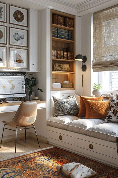 Reading Corner In Home Office, Great Room Office Combo, Small Home Office Bed, Daybed Desk Combo, Small Living Spaces Ideas, Guest Room Designs, Single Guest Bedroom Ideas, Small Office With Window, Guest Room Office Combo Decor