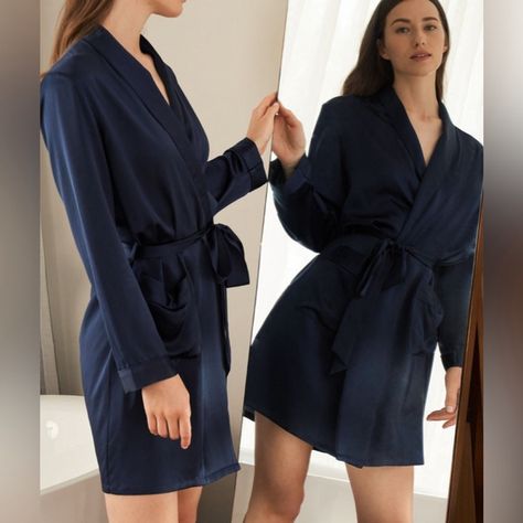 LilySilk Mulberry silk charmeuse 22 Momme Classic midi Robe USM navy blue luxury Lily Silk, Silk Dressing Gown, Blue Luxury, Silk Robes, Suede Fringe Jacket, Throw Over, Reformation Dress, Silk Robe, Understated Luxury