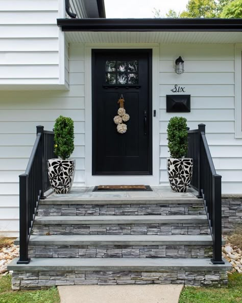 Front Stairs Exterior Curb Appeal, Stone Front Steps With Railing, Front Porch Stairs With Railing, Front Porch With Stairs Ideas, Front Stoop With Railings, Front Door Steps With Railings, Front Door Walk Way Ideas, Diy Stone Steps Front Door, House With Steps To Front Door