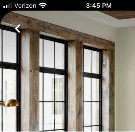 Shaker Style Window Trim, Wood Trim With Black Windows, Black Window Wood Trim, Wood Trim Black Windows, Black Windows With Wood Trim, Painted Trim And Doors, Black Interior Windows, Pole Barn Floor Plans, Front Sunroom