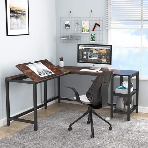 AmazonSmile: Tribesigns L Shaped Desk with Storage Shelves, 59 inch Large Corner Computer Office Desk Workstation, Drafting Table Drawing Desk with Tiltable Tabletop for Home Office, (Rustic Brown) : Home & Kitchen Custom Pc Desk, L Shaped Desk With Storage, Drawing Desk, Corner Computer Desk, Home Office Table, Drafting Table, Drawing Table, Desk With Storage, L Shaped Desk