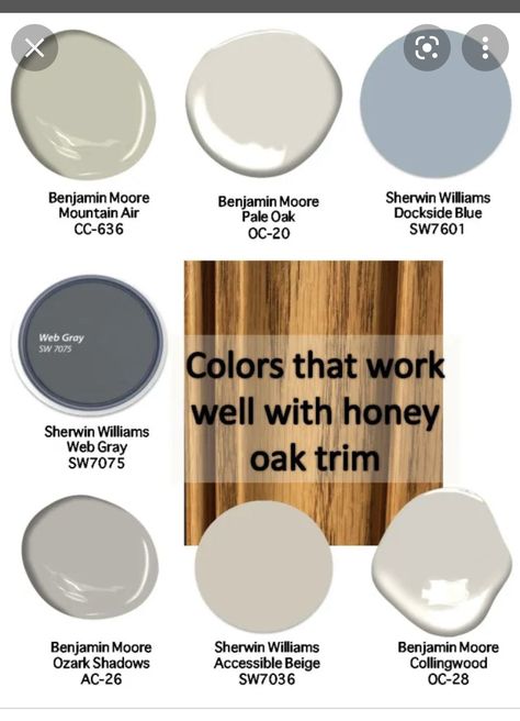 Honey Oak Trim, Colors For Home, Painted Houses, Honey Oak Cabinets, Home Decor Wallpaper, Oak Trim, Condo Kitchen, House Color Palettes, Paint Color Schemes