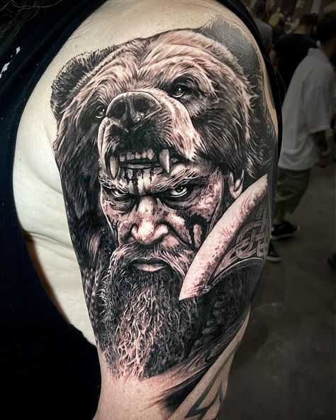 Got 3rd 🥉 place realism on Saturday at the Valencia tattoo convention this weekend. Huge thanks to Chris for holding up two days in a row of tattooing to get this bad ass berserker Viking warrior. Thanks to @spain_tattoo_conventions for putting on such a great event, I’ll be back next year. #viking #vikingtattoo #berserkertattoo #berserker #realismtattoo #blackandgreytattoo #tattooconvention #3rd Viking Warrior Tattoo Men, Viking Berserker Art, Berserker Tattoo Vikings, Viking Berserker Tattoo, Viking Shield Tattoo, Barbarian Tattoo, Berserker Tattoo, Spain Tattoo, Viking Tattoos For Men