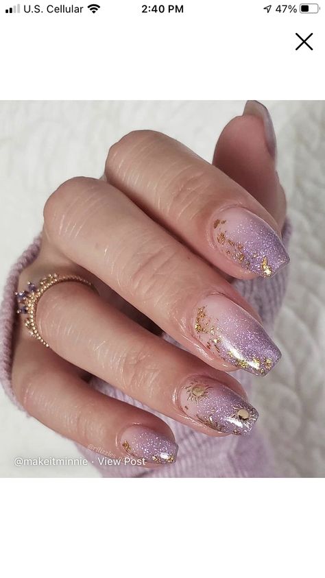 Lavender With Gold Nails, Purple And Champagne Nails, Lilac Nails With Gold Flakes, Taylor Swift Speak Now Era Nails, Speak Now Nail Ideas, Speak Now Nail Design, Tangled Wedding Nails, Lavender And Gold Nails Short, Speak Now Taylor Swift Nails Inspired