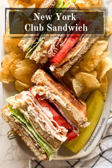 sandwich on a plate with chips and a pickle spear. Deli Sandwiches Recipes, Cafe Sandwiches, New York Club, Turkey Club Sandwich, Pizza Sliders, Bread Burger, Low Fodmap Recipes Dinner, Fodmap Recipes Dinner, Cookie Bread