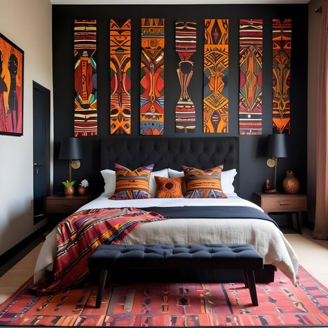 African Theme Bedroom, African Bedroom Decor Ideas, African Interior Design Bedroom, African Room Decor Ideas, African Bedroom Ideas, Paint One Wall, African Decor Bedroom, Afrohemian Decor, African Bedroom