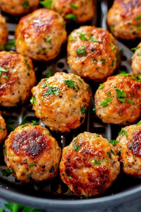 Air Fryer Firecracker Meatballs, Air Fry Turkey Meatballs, Homemade Meatballs Air Fryer, Heart Healthy Turkey Meatballs, Easy Healthy Meatball Recipes, Ground Turkey Meatballs Crockpot, Protein Turkey Meatballs, Ground Turkey Meatballs Air Fryer, Easy Ground Turkey Meatballs