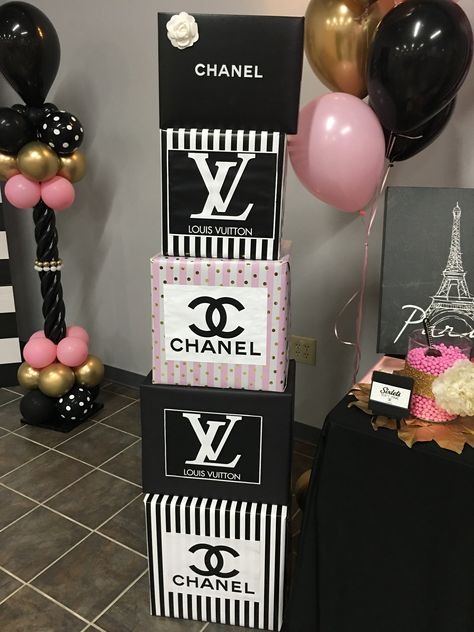 Chanel Birthday Decorations, Chanel Backdrop Ideas, Fashion Designer Birthday Party Ideas, Lv Themed Birthday Party, Fashion Designer Party Theme, Designer Party Decorations, Designer Party Ideas, Fashion Week Birthday Theme, Fashion Birthday Party Ideas For Women