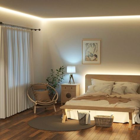 led strip light Rooe Lights Bedroom, Led Lights Ikea, Minimalist Room With Led Lights, Boho Bedroom With Led Strip Lights, Light Strip Ideas Bedroom, Led Rope Lights Bedroom Ceiling, Bed Light Strip, Living Room Led Strip Lighting, Lighting Idea For Bedroom