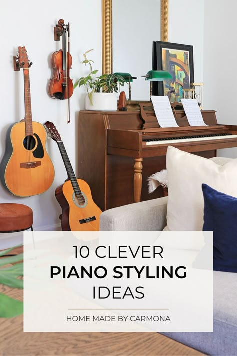 The piano is often the odd piece of furniture in the room that nobody knows how to decorate around. Well we've got 10 amazing examples of spaces that have worked it perfectly into their decor and even made it a focal point! | Home Made by Carmona #piano #musicroom #pianodecor Piano Space Living Rooms, Piano Focal Point Living Room, Foyer With Piano Entryway, Piano Styling Ideas, Decorating Top Of Piano, Sitting Room Ideas With Piano, Piano Placement In Living Room Upright, Styling A Piano, Piano In Living Room Layout