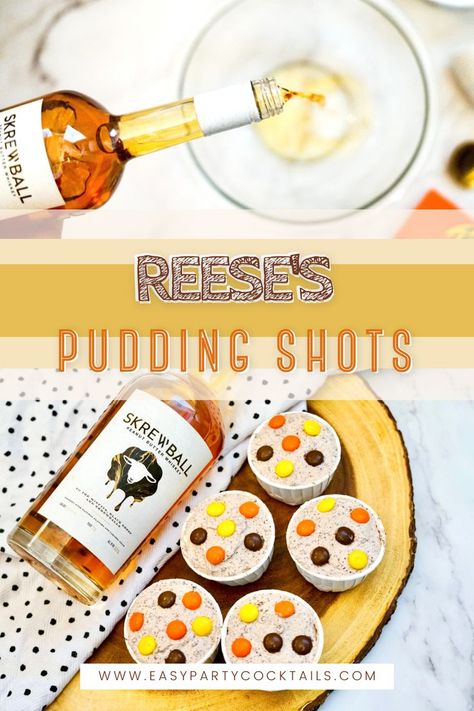 Reese’s Peanut Butter Pudding Shots Pudding Shots With Vodka, Peanut Butter Pudding Shots, Easy Pudding Shots, Shots With Vodka, Rumchata Pudding Shots, Pudding Jello Shots, Quick Puddings, Pudding Shot Recipes, Shots Alcohol Recipes