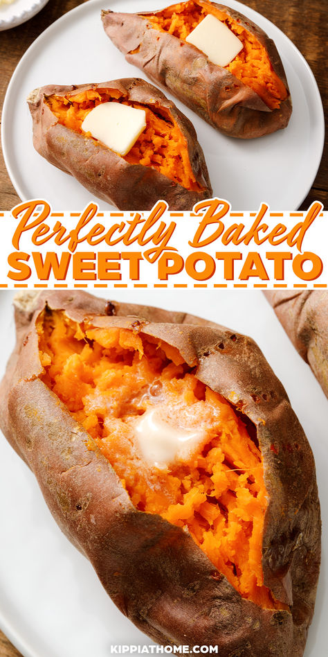 baked sweet potatoes with a pat of butter Best Way To Bake Sweet Potatoes, Sweet Potato Baked Potato, Sweet Potato Recipes In Oven, Perfect Sweet Potato, Recipes With Baked Sweet Potatoes, How To Make Baked Sweet Potatoes, Baking A Sweet Potato In The Oven, How To Cook A Sweet Potato In The Oven, One Sweet Potato Recipe