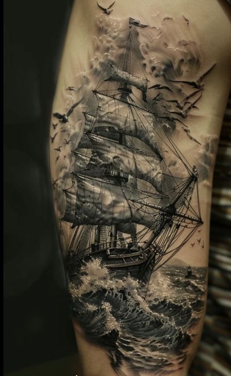 Ship On Stormy Sea Tattoo, Sailor Sleeve Tattoo, Dark Nautical Tattoo, Nautical Knee Tattoo, Stormy Lighthouse Tattoo, Rough Seas Tattoo, Realistic Lighthouse Tattoo, Flying Dutchman Tattoo, Ship Wreck Tattoo