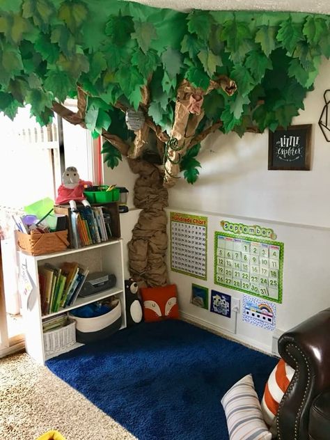 Diy Reading Corner Classroom, Reading Corner Tree Classroom, Library Corners In Classrooms, Woodland Book Corner, Fairytale Reading Corner, Reading Tree In Classroom, Corner Tree Decor, Woodland Reading Corner, Classroom Trees Corner