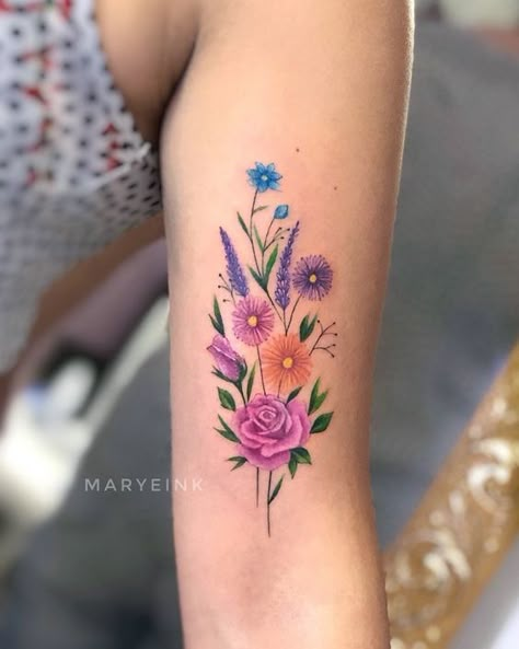 180+ Beautiful Birth Flower Tattoo Ideas (2023) - TattoosBoyGirl Fineline Watercolor Tattoo, Colorful Flower Tattoo, Bouquet Tattoo, Wildflower Tattoo, Shape Tattoo, Muster Tattoos, Birth Flower Tattoos, Sunflower Tattoos, Girly Tattoos