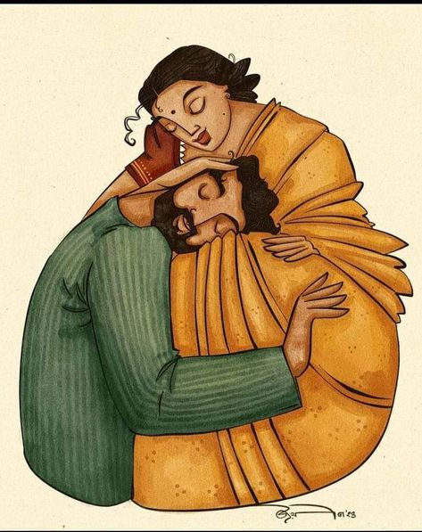 Bangla Art Painting, Bengali Drawing Ideas, Indian Illustration Funny, Bengali Couple Illustration Drawing, Bengali Couple Sketch, Joyeeta Art, Bengali Art Sketch, Indian Aesthetic Drawing, Couple Illustration Aesthetic