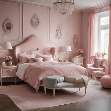 Light Pink White And Gold Bedroom, Pink Monochromatic Room, Pink Bedrooms For Women, White Bedroom With Pink Accents, Pink Chic Bedroom, Pink White Gold Bedroom, Pink Headboard Bedroom Ideas, Light Pink Bedroom Aesthetic, Pink White And Gold Bedroom