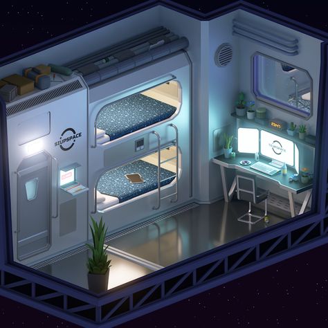 Scifi Room Concept, Space Station Bedroom, Cozy Futuristic Bedroom, Futuristic Space Station Interior, Bunker Interior Design, Futuristic Room Concept Art, Space Station Decorations, Spaceship Rooms, Spaceship Layout