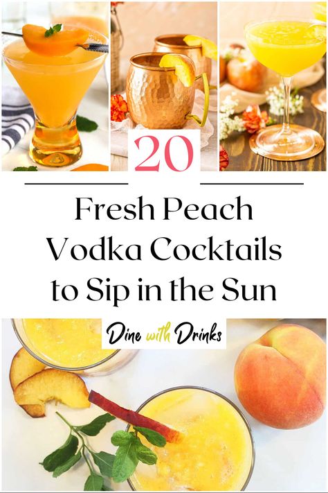 Collage of 4 fresh peach vodka cocktails. Peach Honey Cocktail, Peach Mint Cocktail, Fresh Peach Cocktail, Peach Crush Cocktail, Fresh Peach Drinks Alcohol, Peach Mixed Drinks Alcohol, Peach Drinks Alcohol Cocktails, Peach Cocktail Recipe Summer Drinks, Cocktails With Peach Syrup