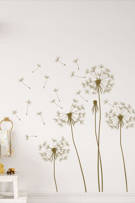 This vinyl wall decal has no clear or colored background. Transfer tape is used to transfer the design to the wall and then removed, leaving only the design on the wall. It is easily removed without damaging interior walls, but it is not reusable. Dandelion Blowing In The Wind, Design On The Wall, Dandelion Wall Decal, Blowing Dandelion, Blow Paint, Wall Art Decal, Blowing In The Wind, Wall Murals Painted, Home Window