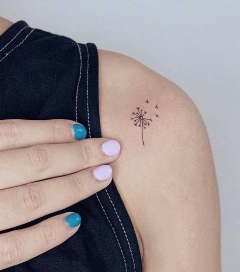 Tiny Dandelion Tattoo Simple, Simple Tatoo Ideas For Girl, Random Tiny Tattoos, Two Small Flowers Tattoo, Shoulder Dandelion Tattoo, Small Different Tattoos For Women, Micro Mini Tattoo Ideas, Minimalist Flower Tattoos For Women, Minimalistic Shoulder Tattoos For Women