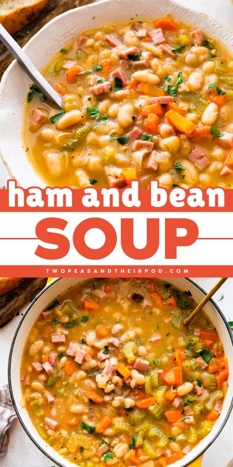 Here's a delicious homemade soup for dinner tonight! This Ham and Bean Soup is packed with tender, juicy ham, vegetables, and creamy Great Northern beans. Pin this classic, yummy comfort food recipe! Ham And Bean Soup Recipes, Easy Ham And Bean Soup, Old Fashioned Ham, Bacon Cheddar Biscuits, Husband Food, Ham Bean Soup, Ham Soup Recipes, Ham And Bean, Moms Recipes